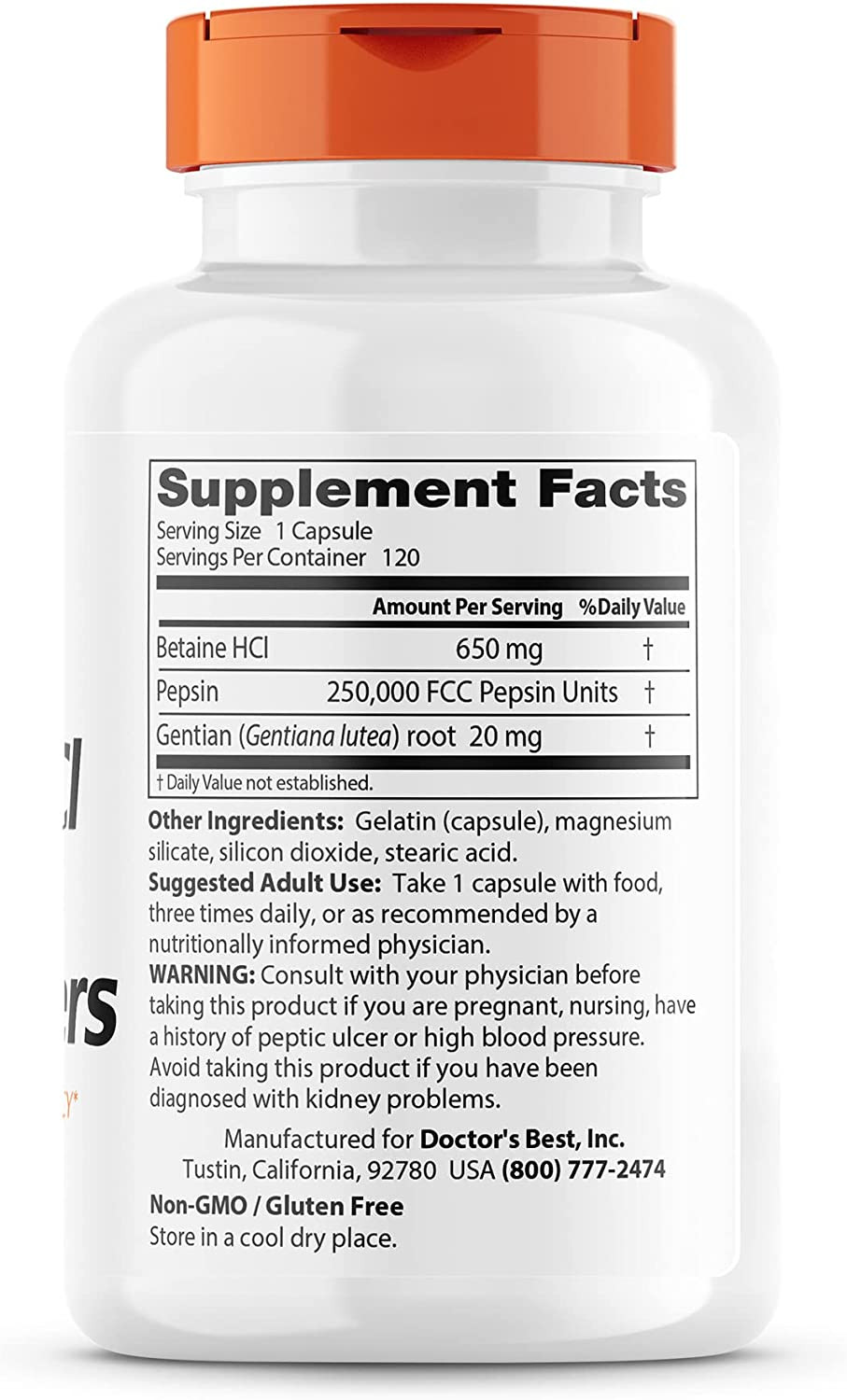 Betaine HCI Pepsin & Gentian Bitters, Digestive Enzymes, 120 Caps, (DRB-00163)