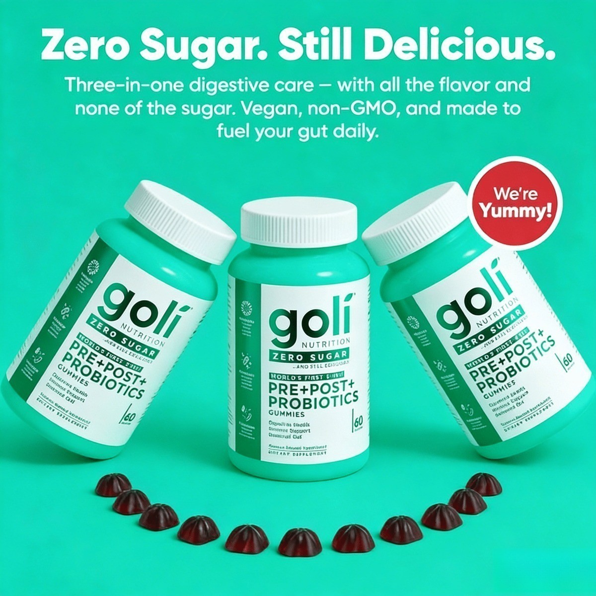 Complete Microbiome Support.Zero Sugar 3-in-1 Pre Pro Postbiotic Gummies by Goli