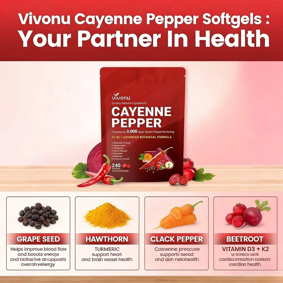 VivoNu Cayenne Pepper Softgels Health Formula – 240 Capsule Count NEW FREE SHIP