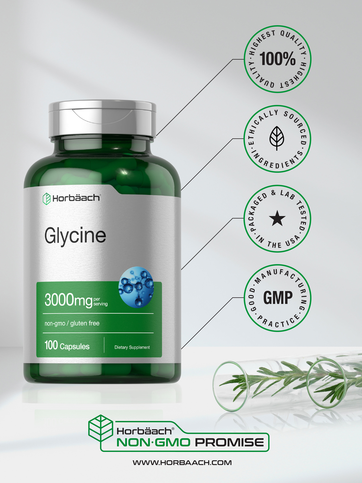 Glycine Capsules | 3000 mg | 100 Count | Non-GMO, Gluten Free | by Horbaach