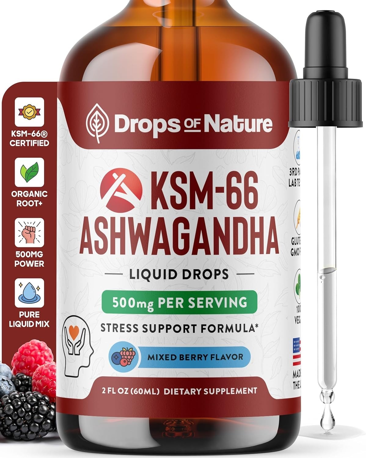 Mixed Berry KSM-66 Ashwagandha Drops – Boost Focus & Energy, Formula, 60ml
