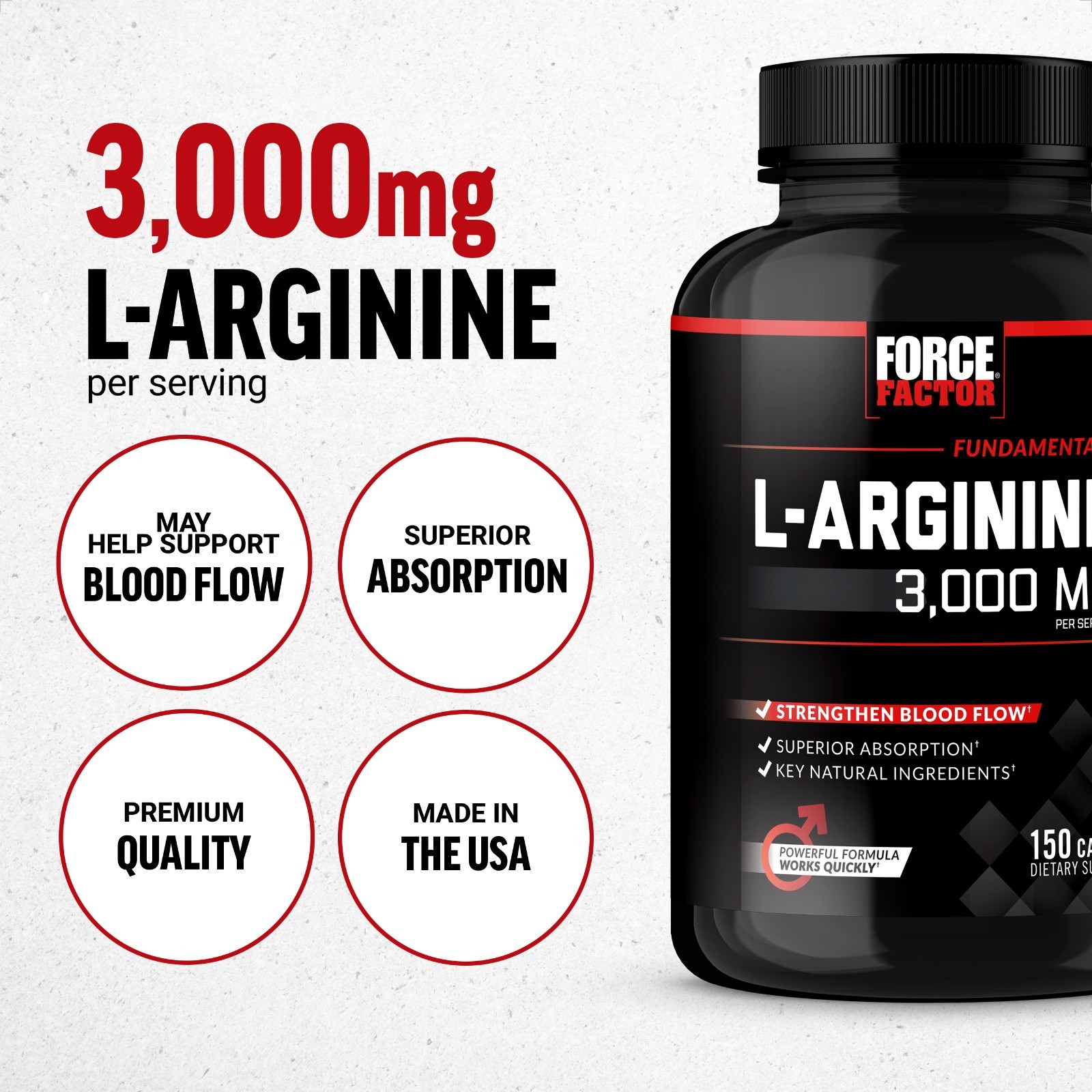 Force Factor L-Arginine 3000mg Extra Strength Nitric Oxide Circulation