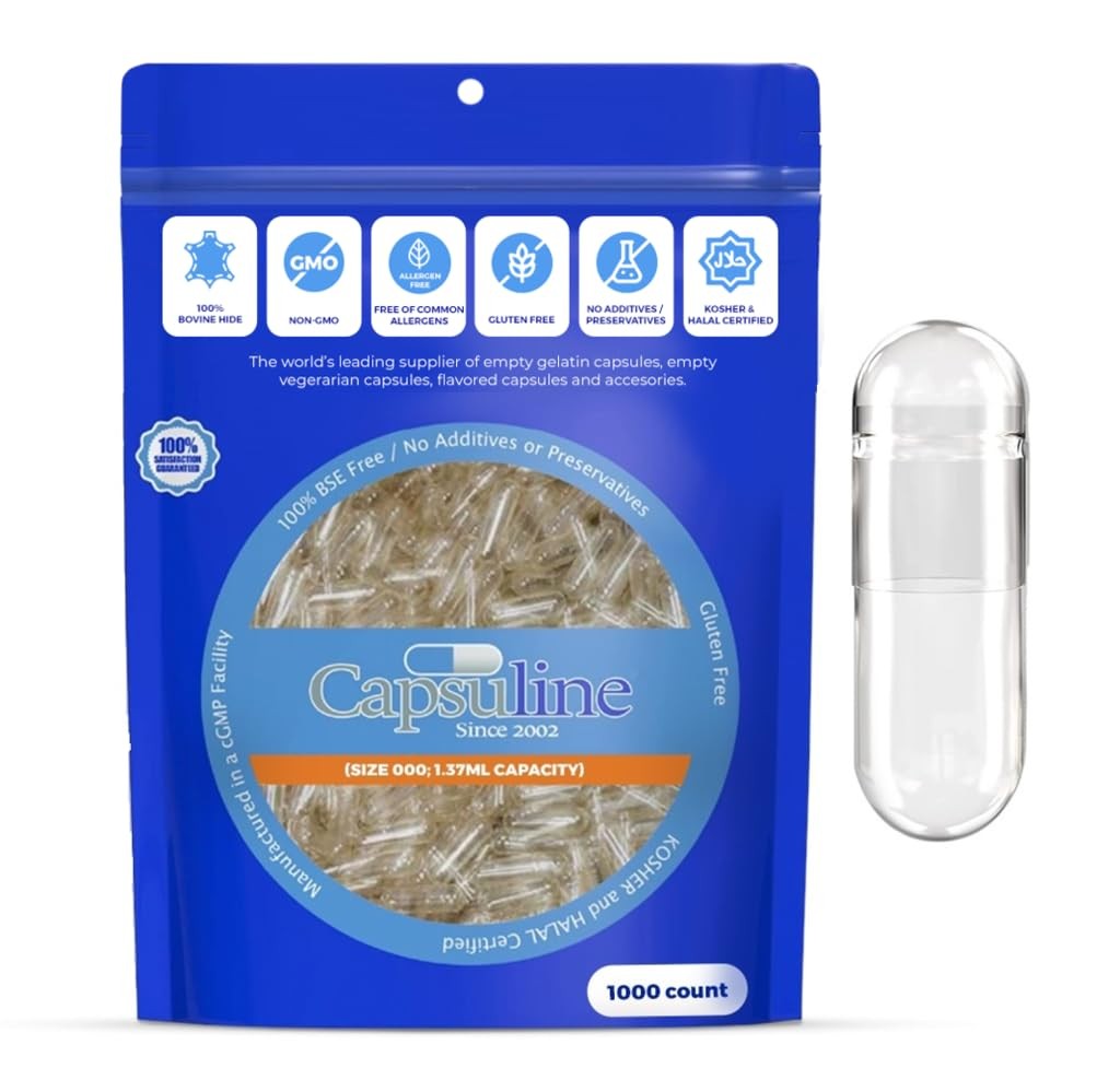 Capsuline Size 000 Empty Gelatin Capsules, 1000 Count (Pack of 1), Clear