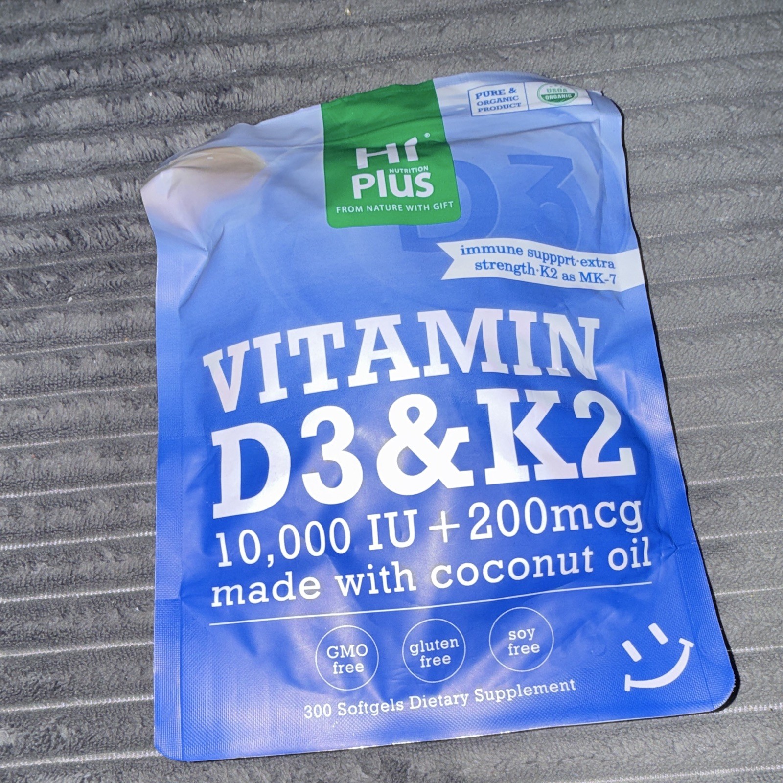 HiPlus Vitamin D3 & K2 10,000 IU + 200 mcg Coconut Oil 300 Softgels