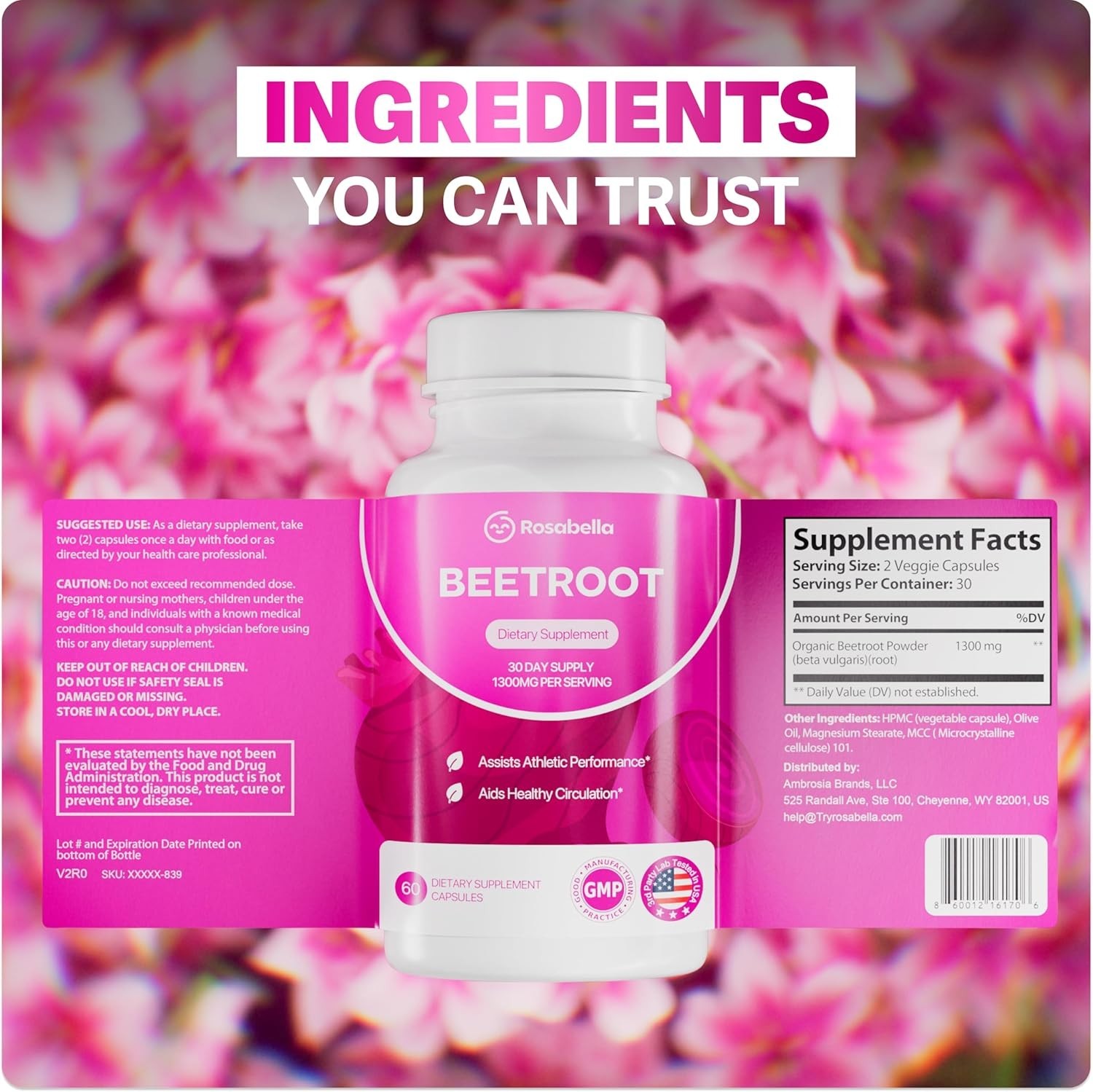 USPS Rosabella 1300mg Organic Beetroot Capsules Heart & Circulation Support 60ct