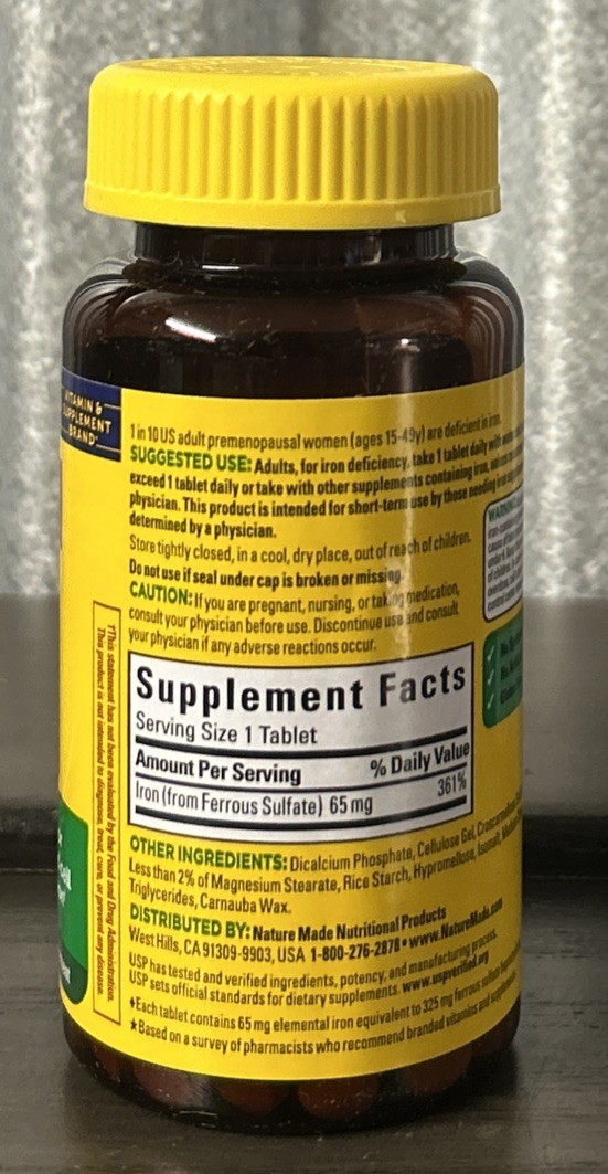 Nature Made Iron 65mg 180 Tablets Dietary Supplement Exp 12/2028