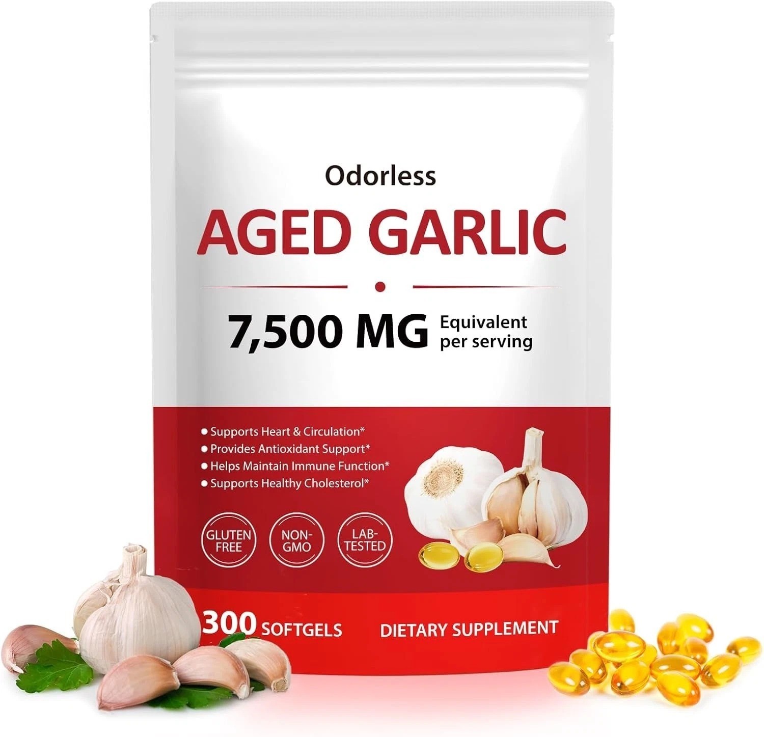 Odorless Garlic 7500Mg per Servings, 300 Softgels | 2 Years Aged Garlic Extra..