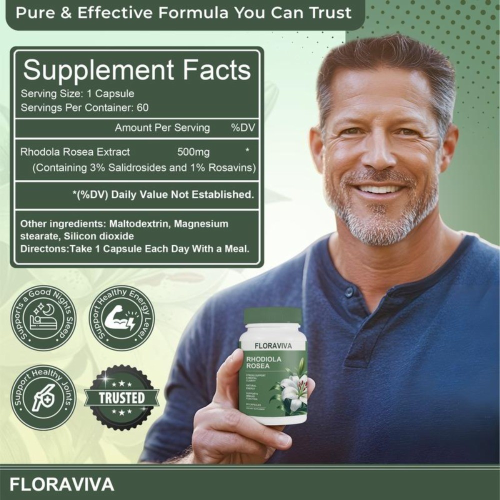 NEW Non-GMO Floraviva Rhodiola Rosea Capsules for Stress Relief & Energy