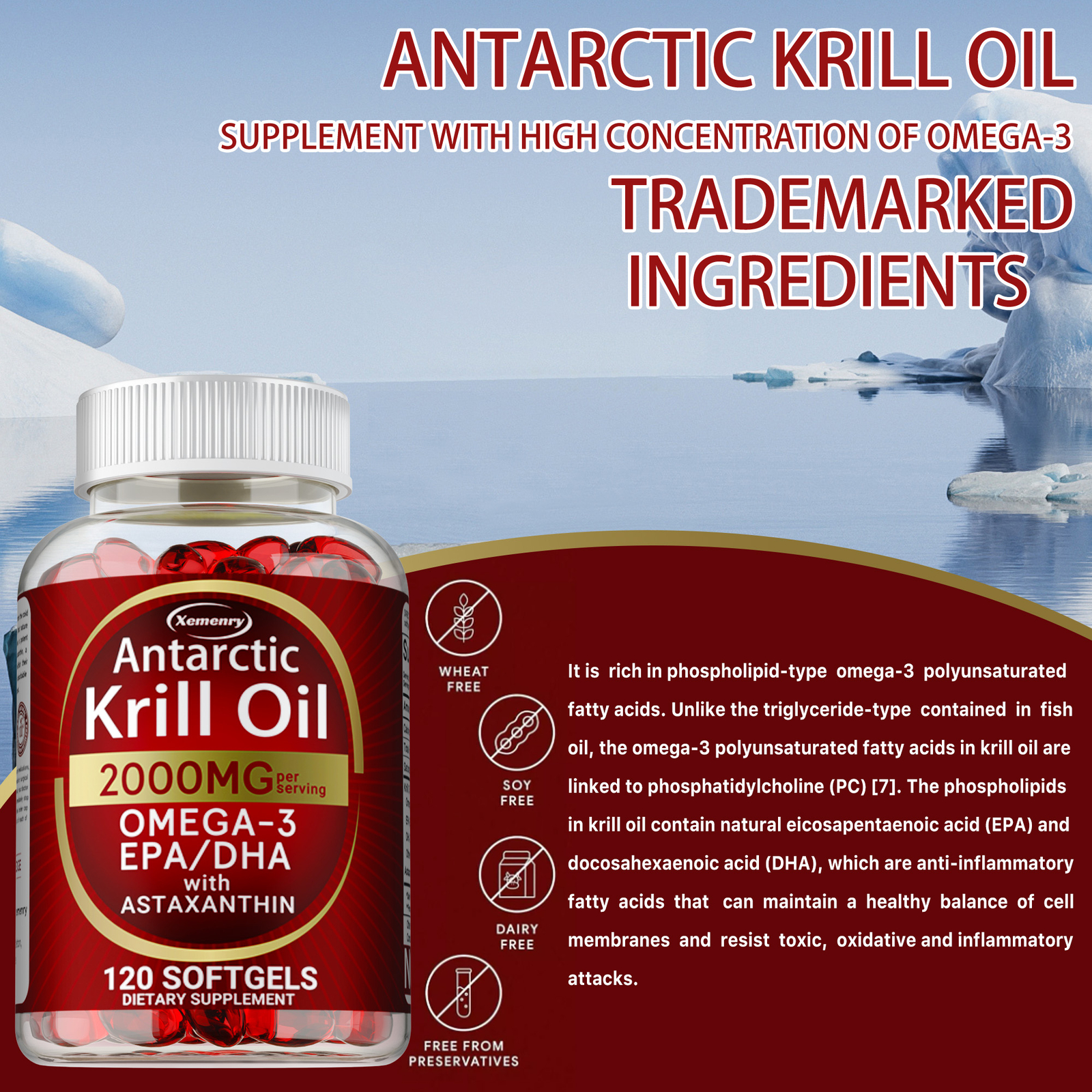 Antarctic Krill Oil – Omega-3 EPA, DHA, Astaxanthin, Anti Aging, Memory Support