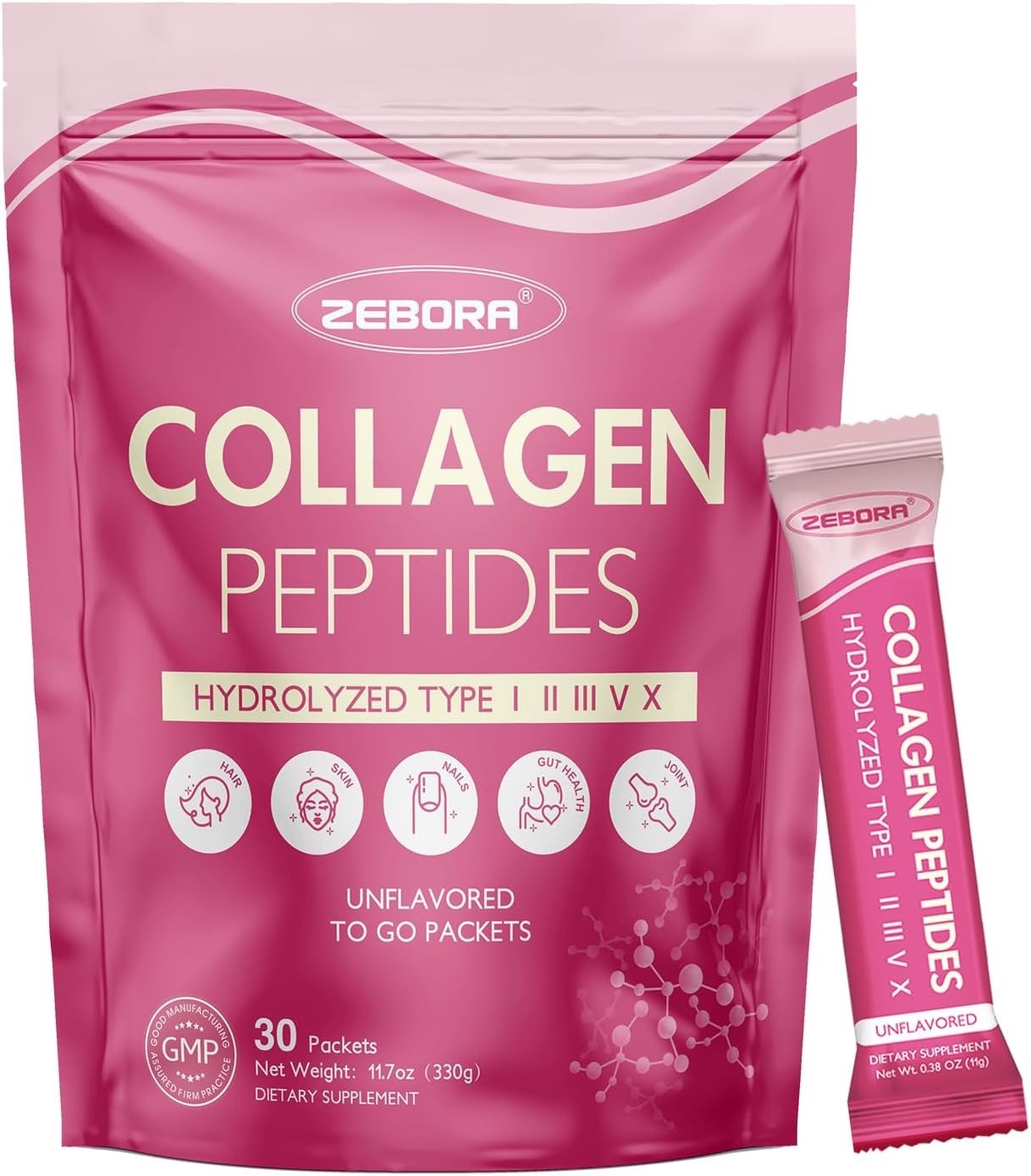 ZEBORA Multi Collagen Peptides Powder Packets with Hyaluronic Acid, Biotin, MCT