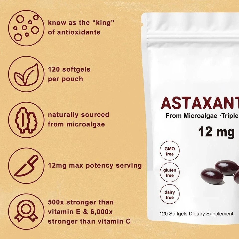 12mg Astaxanthin Antioxidant Supplements Fresh Microalgae Eye Joint Skin Health