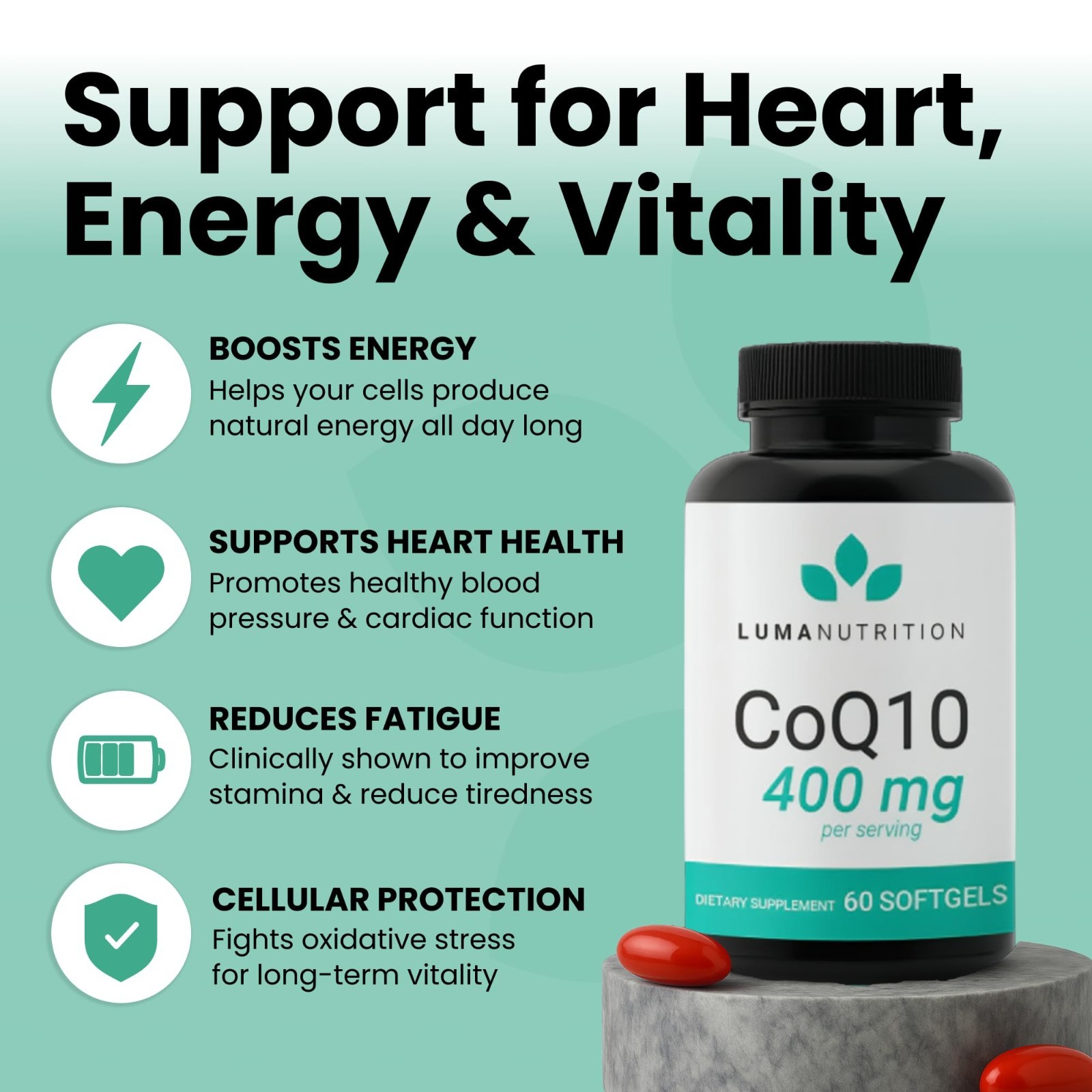 High-Absorption CoQ10 400mg Softgels – Heart Health Support – 60 Liquid Capsules