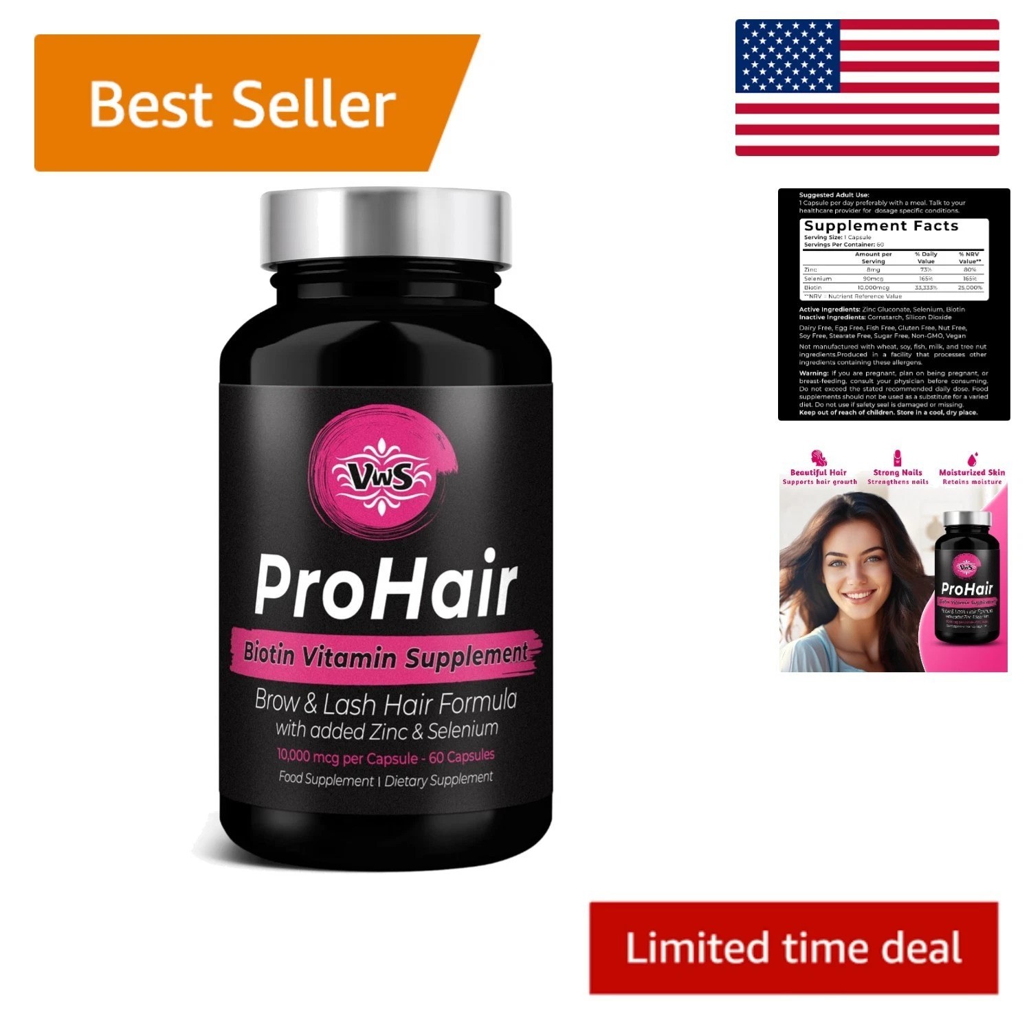 Biotin 10,000 mcg Dietary Supplement w/Zinc & Selenium to Promote Thicker Hai…