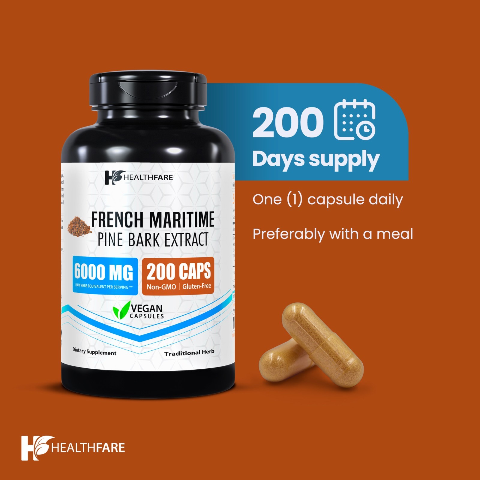 Healthfare French Maritime Pine Bark Extract Organic | 6000 mg | 200 Capsules