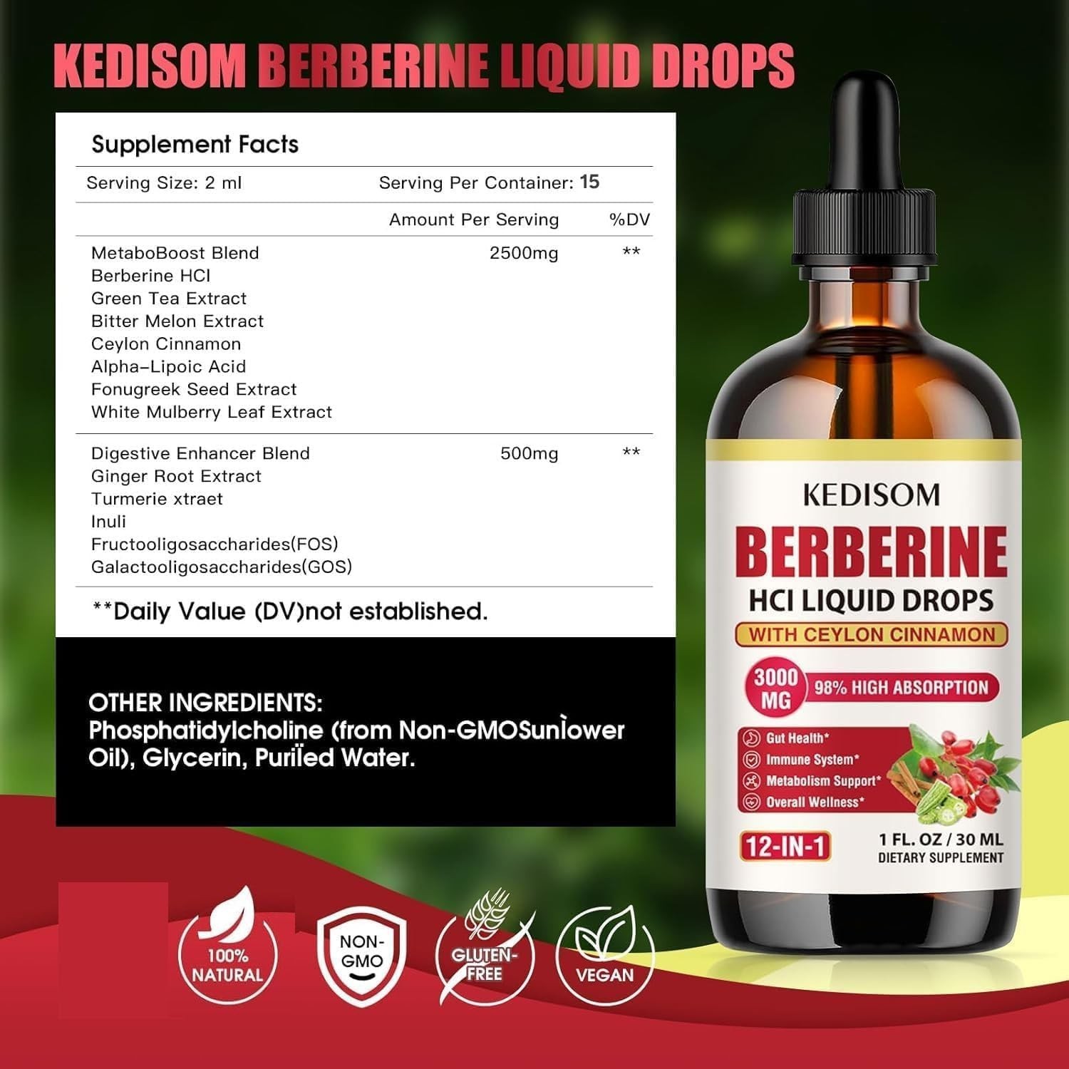 Natural Berberine Drops – 12-in-1 Wellness Support, Convenient 1 Fl Oz Bottle