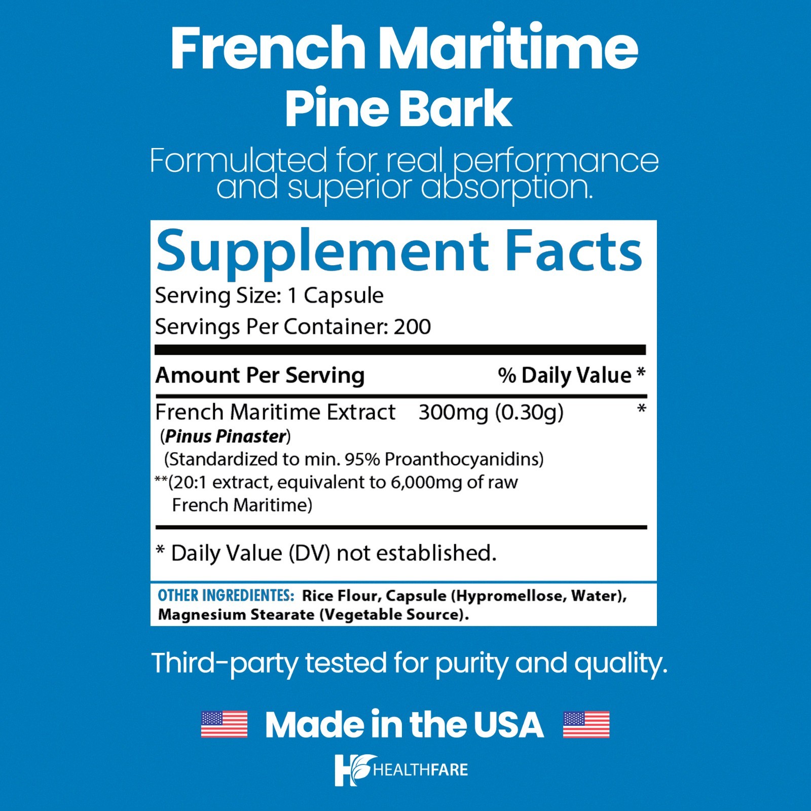 Healthfare French Maritime Pine Bark Extract Organic | 6000 mg | 200 Capsules
