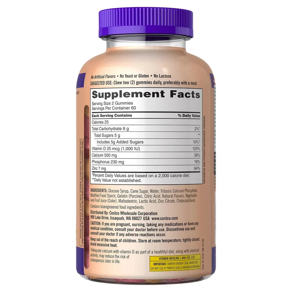 Kirkland Signature Calcium 500mg with D3 Adult Gummies – 120 Count