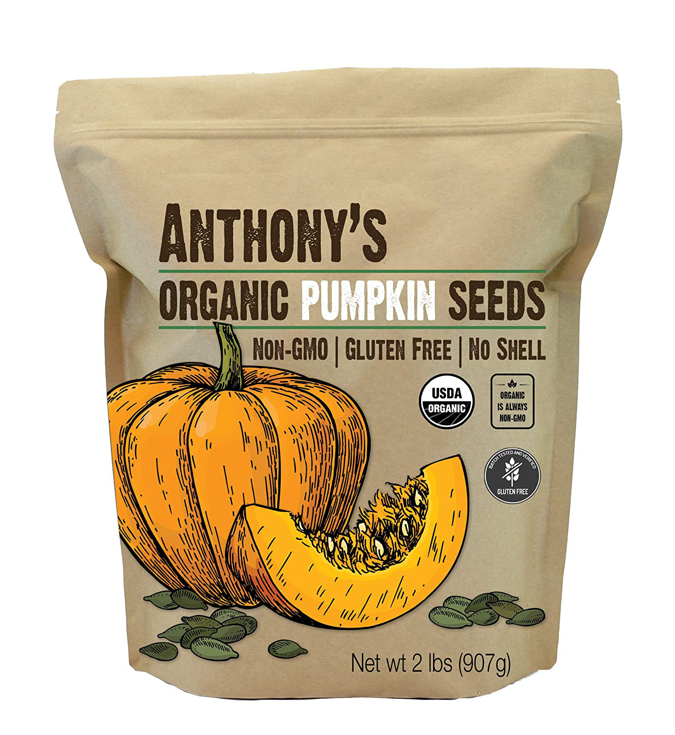 Anthony’S Organic Pumpkin Seeds, 2 Lb, Gluten Free, Non GMO, No Shell, Unsalted,