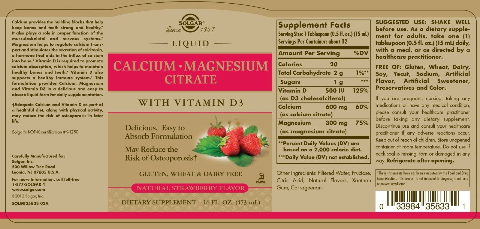 2x Solgar Liquid Calcium Magnesium Citrate Vitamin D3 Natural Strawberry 16oz