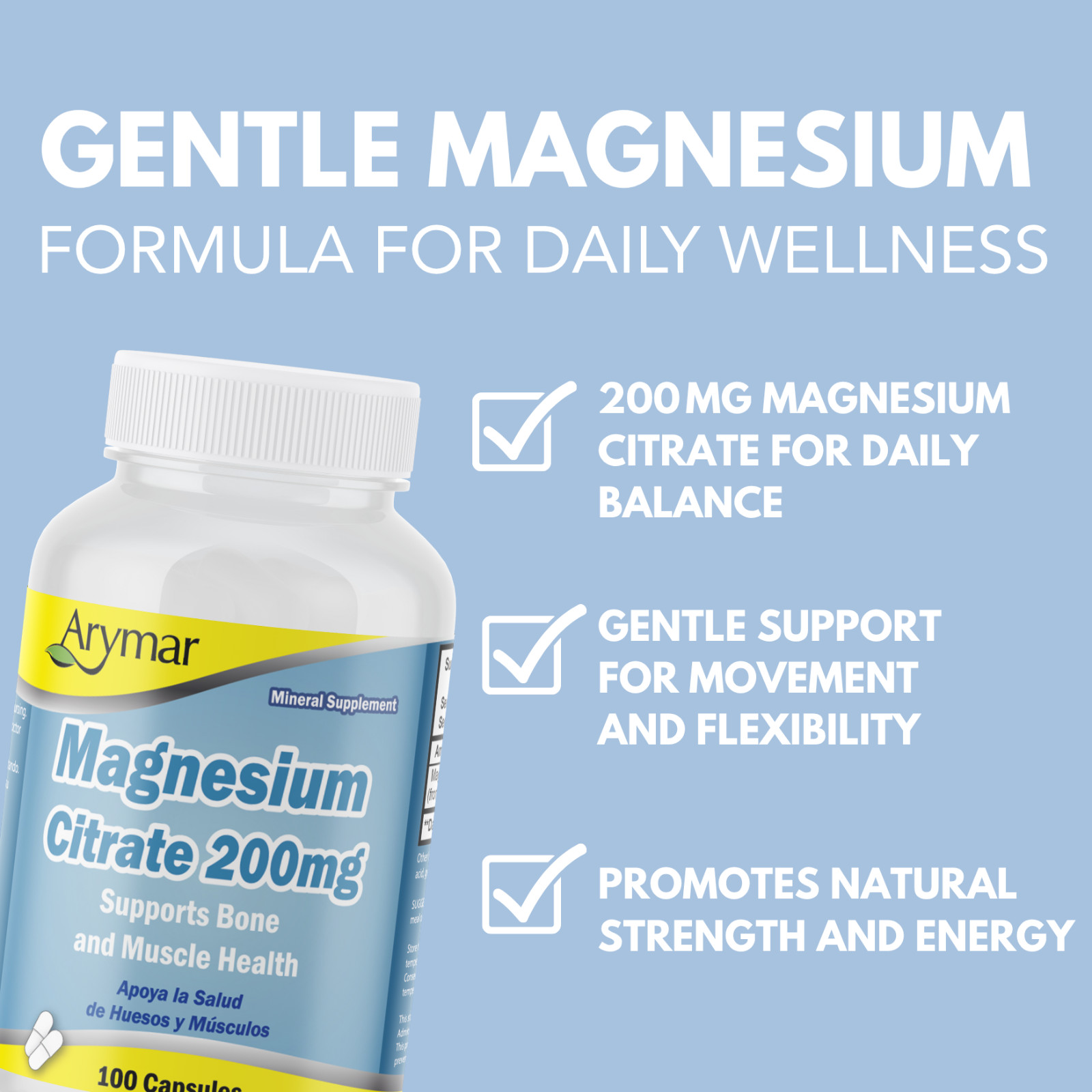 Arymar Magnesium Citrate 1250mg, 200mg Magnesium – 100 Capsules