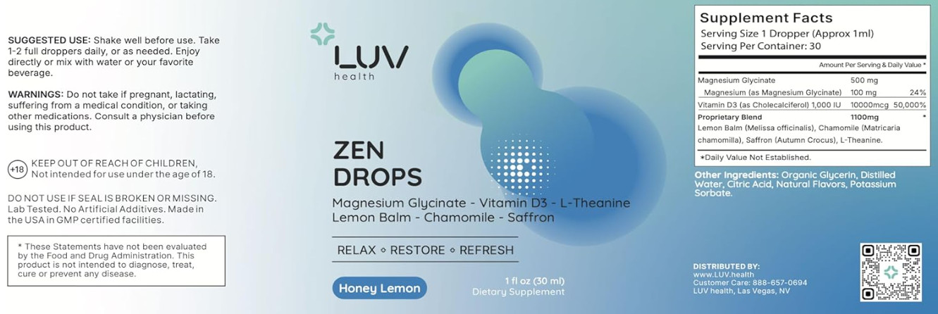 LUV Zen Drops Stress Support with Magnesium Glycinate and Lemon Balm USA Seller