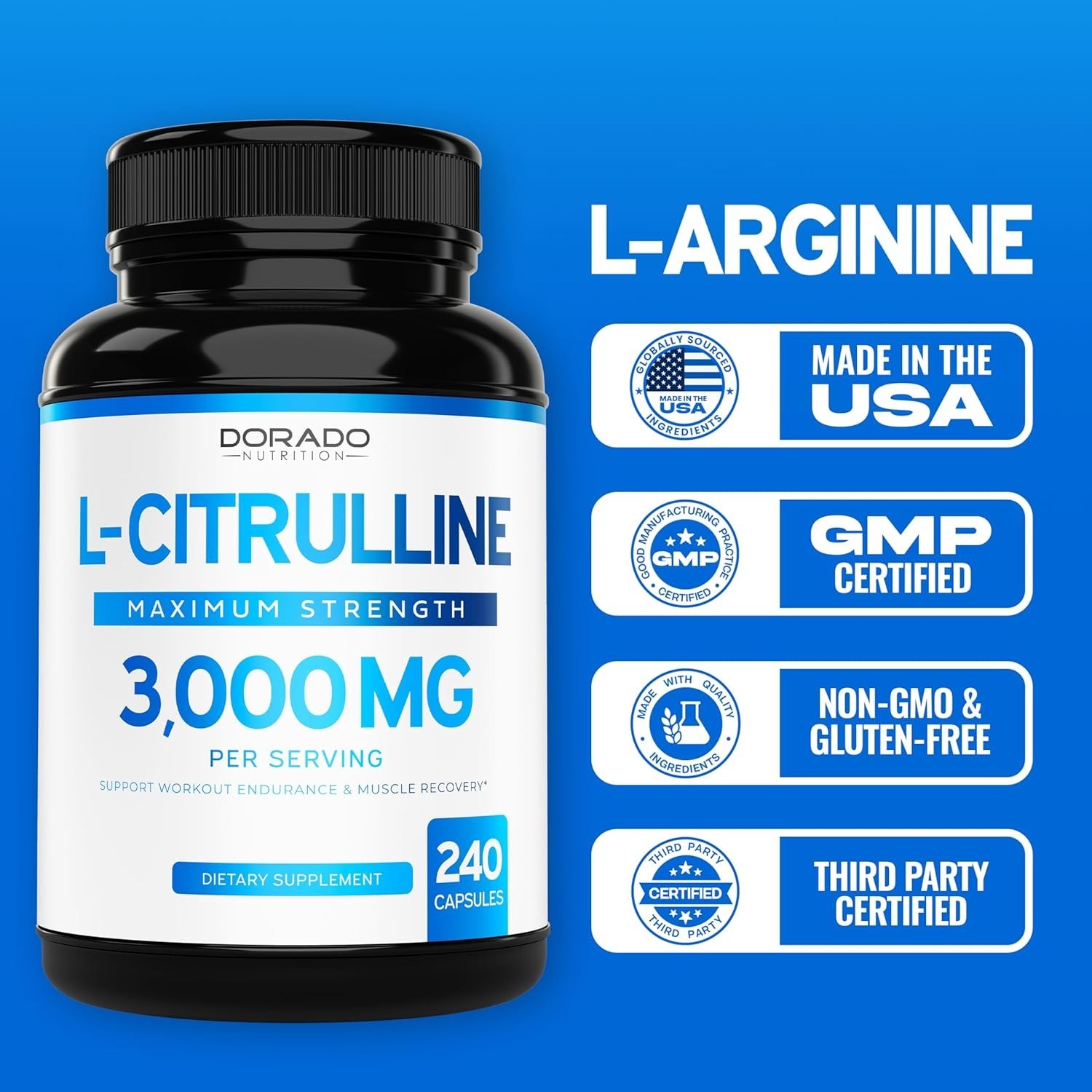 L-Citrulline 3000mg GMP Certified & Non-GMO Free Form Amino 240 Capsules