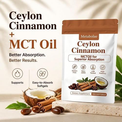 Metabolae Ceylon Cinnamon Capsules With MCT Oil, Non-GMO, Gluten Free, 300pcs