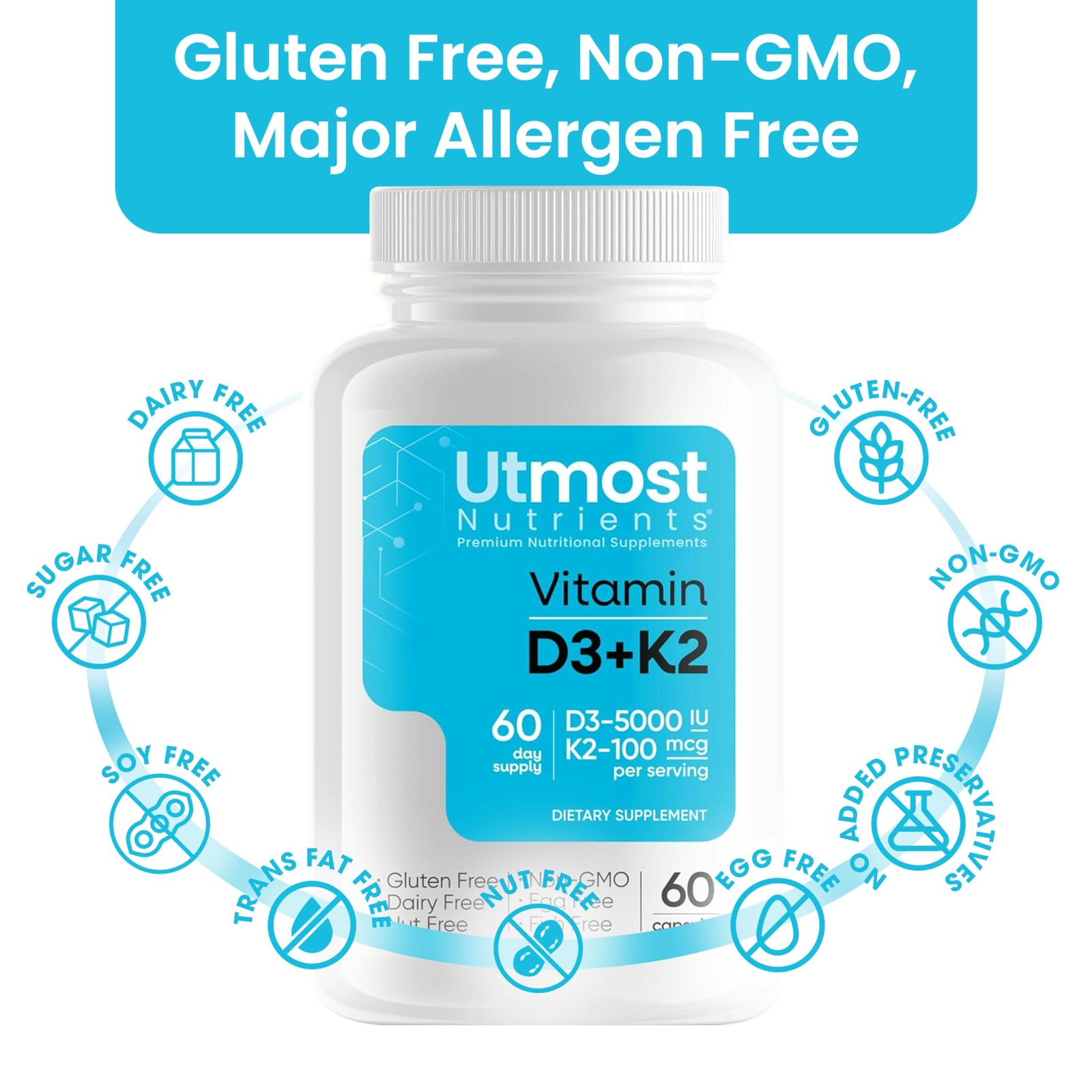 Vitamin D3 (5000iu) with K2 (100mcg) in one Capsule for 1 Count (Pack of 60)