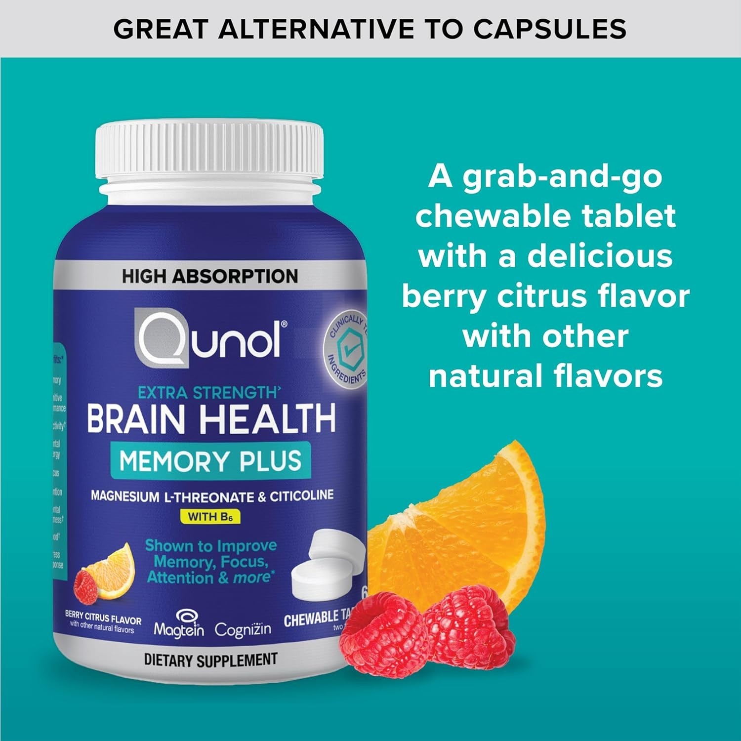 Qunol Brain Health Memory Plus Chewable Tablet with B6, Magnesium LThreonate …