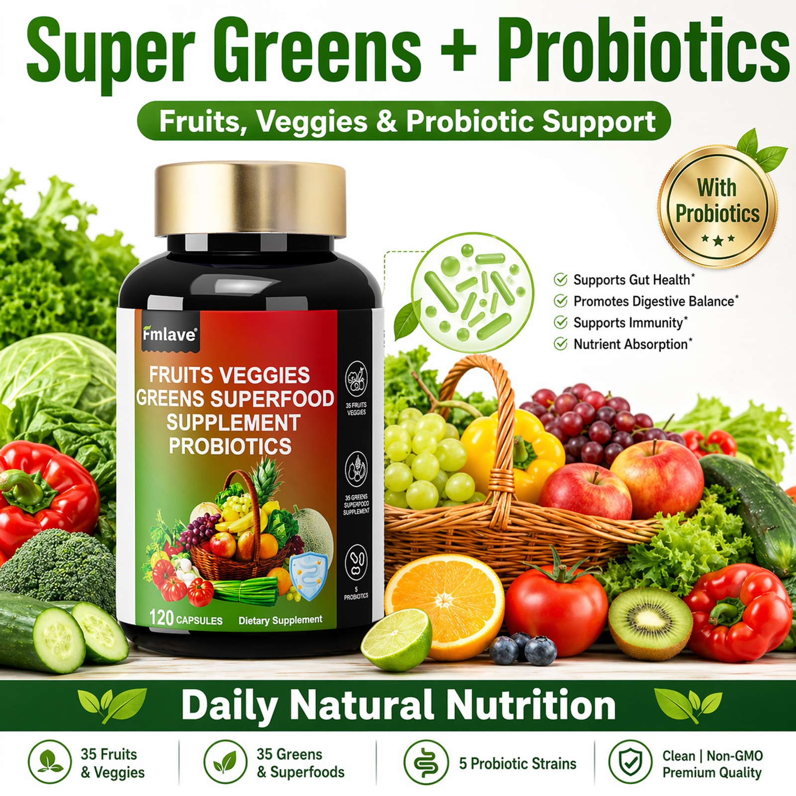 4pc 70 Fruits and Veggies Whole Food Supplement, Superfood & 5 Probiotic Strains