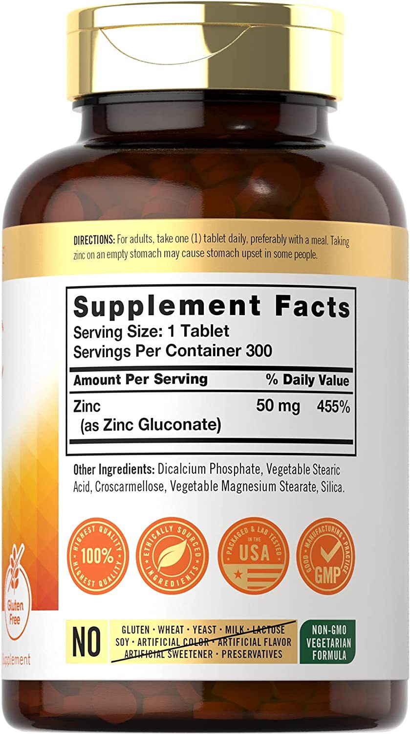 Zinc 50mg | 300 Tablets | Vegetarian | Non-GMO & Gluten Free | by Carlyle