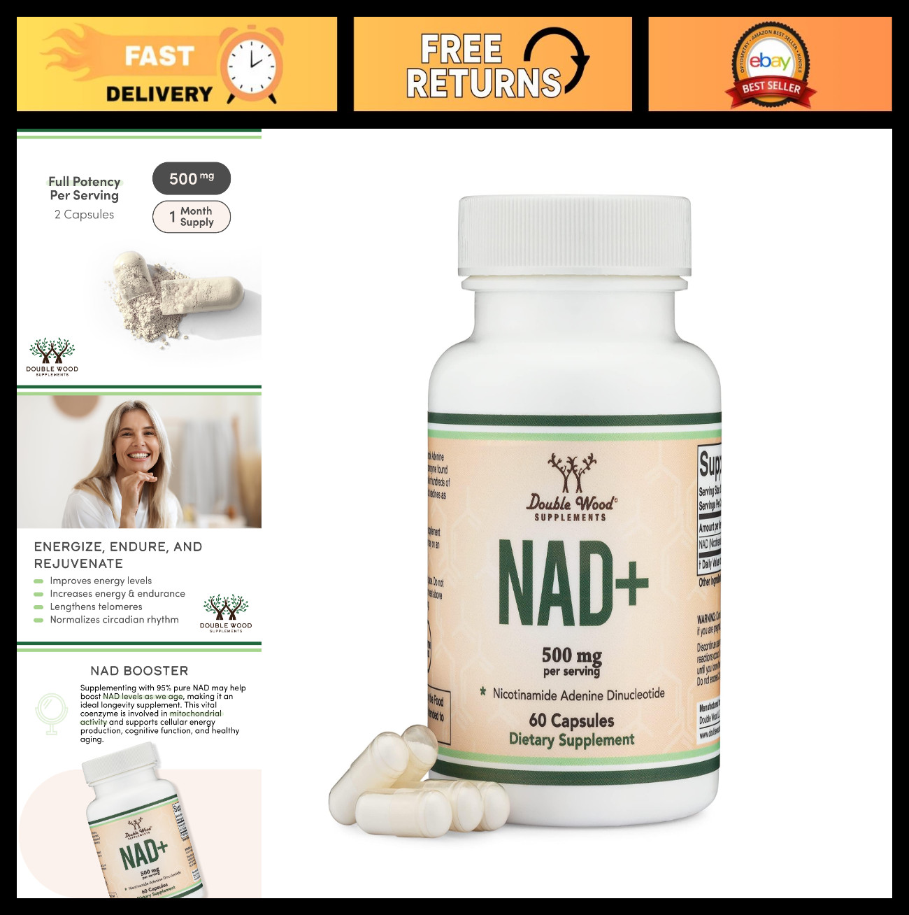 NAD+ Anti-Aging Supplement | 500mg Pure NAD Plus | 30-Day Supply | Vegan, Non-GM
