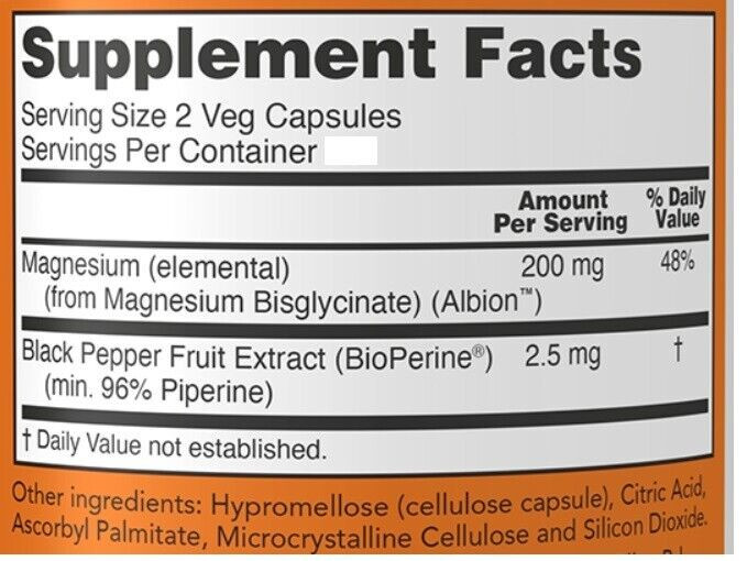 Now Magnesium Glycinate with BioPerine 180 Veg Caps Vegan/NonGMO