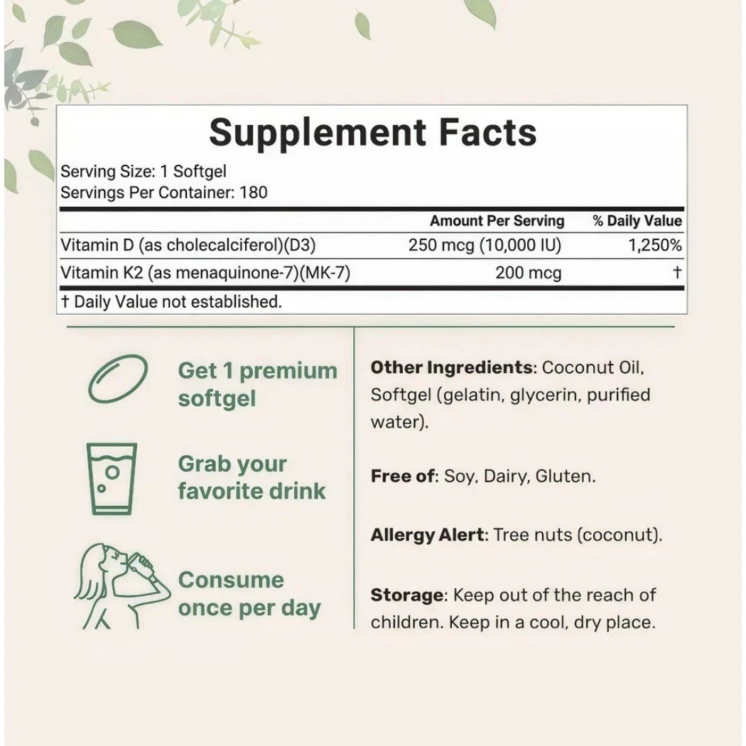NEW ~Vitamin D3 10000 iu Plus K2 (MK-7) 200 mcg, 300 Virgin Coconut Oil Softgels