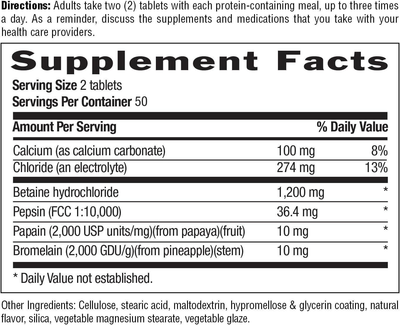 High-Purity 600mg Betaine Hydrochloride with Pepsin – 100 Hypoallergenic Tablets