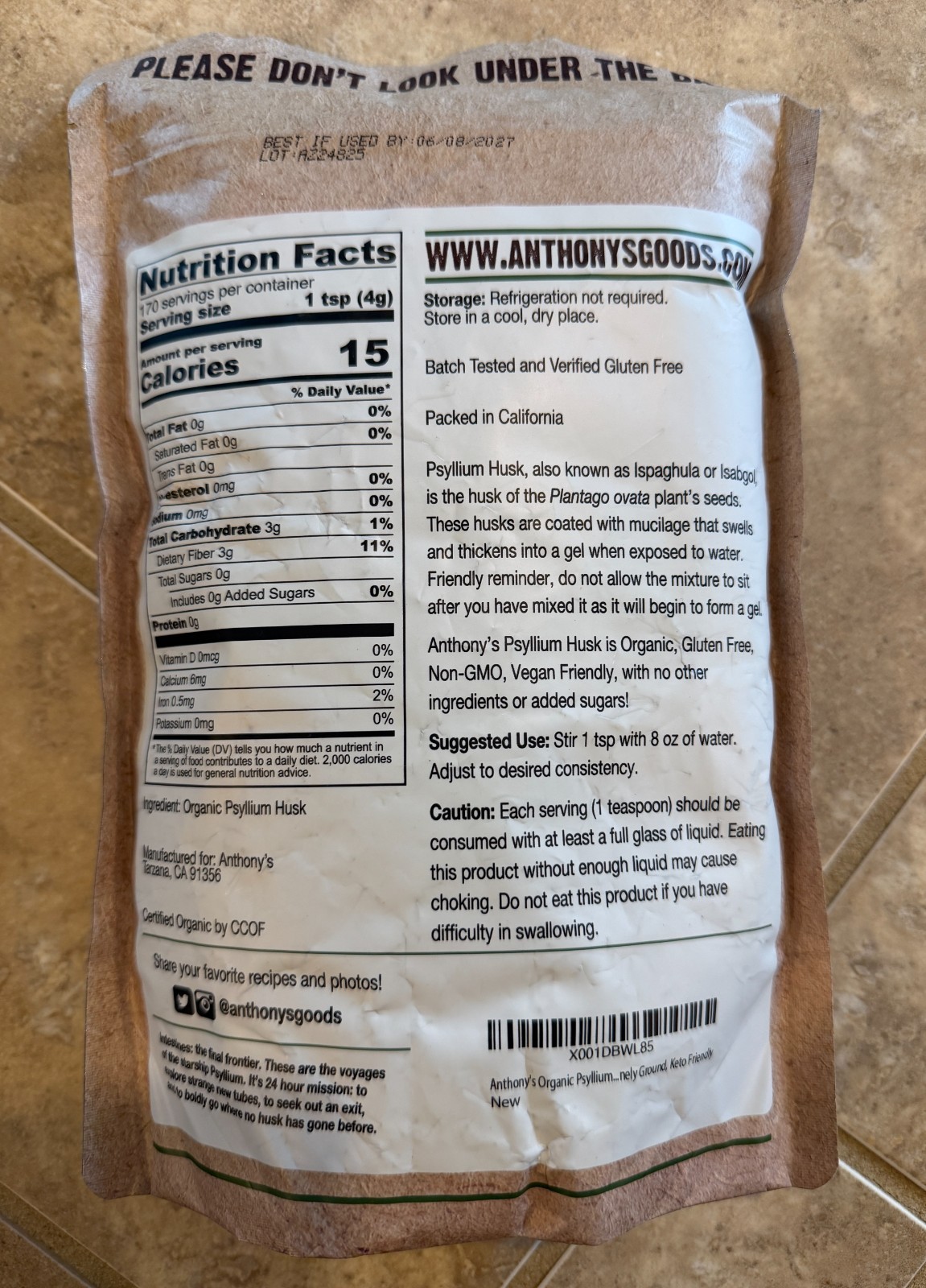 Anthony’s Organic Psyllium Husk Powder, 1.5 lb, Gluten Free, Non GMO, Vegan