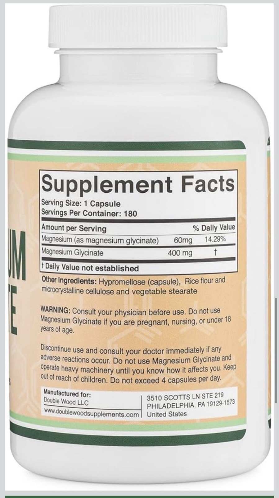Double Wood Supplements Magnesium Glycinate 400mg 180 Veggie Capsules NSF GMP