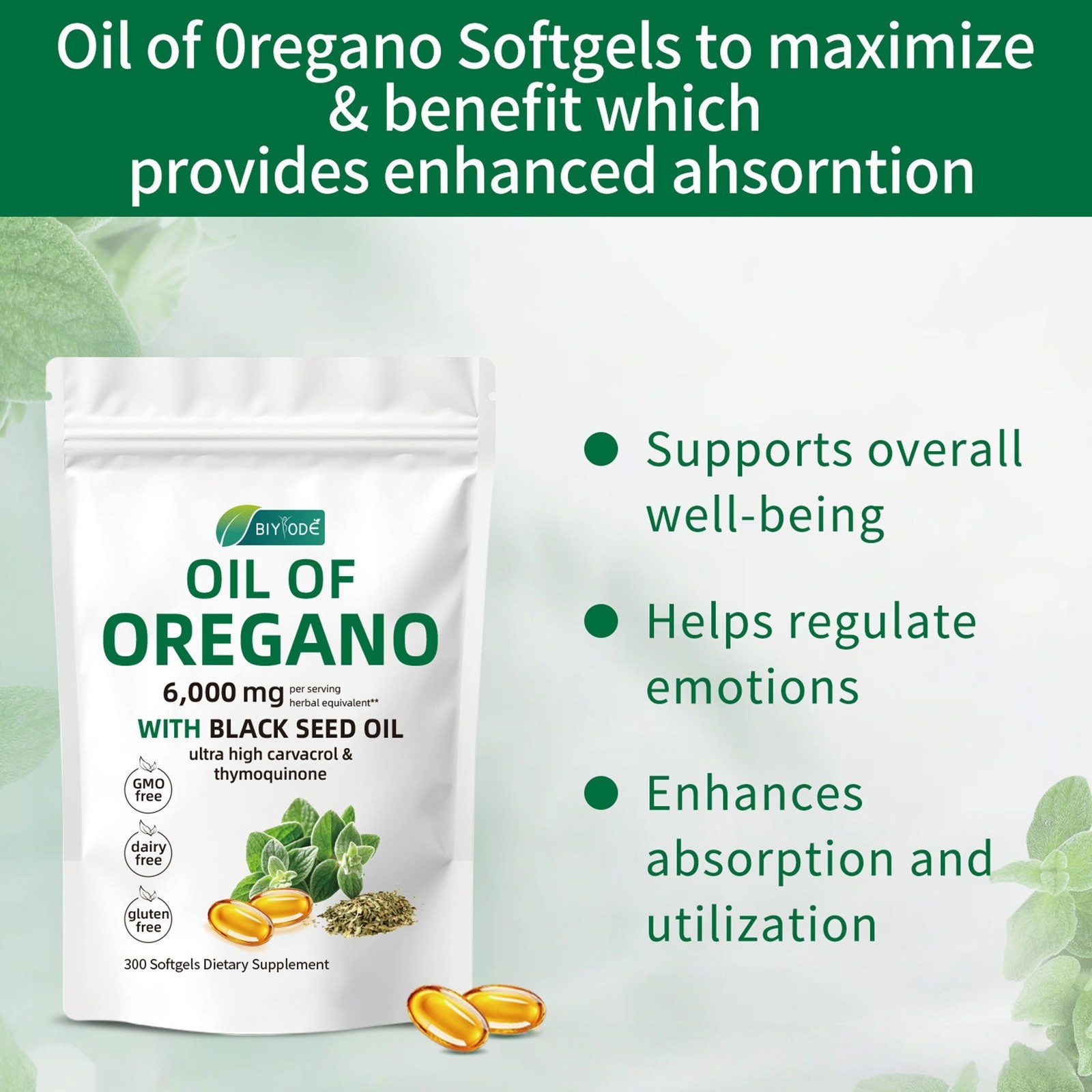 Oil of Oregano 300 Softgels with Black Seed Oil – 6000mg Oregano Oil Strength