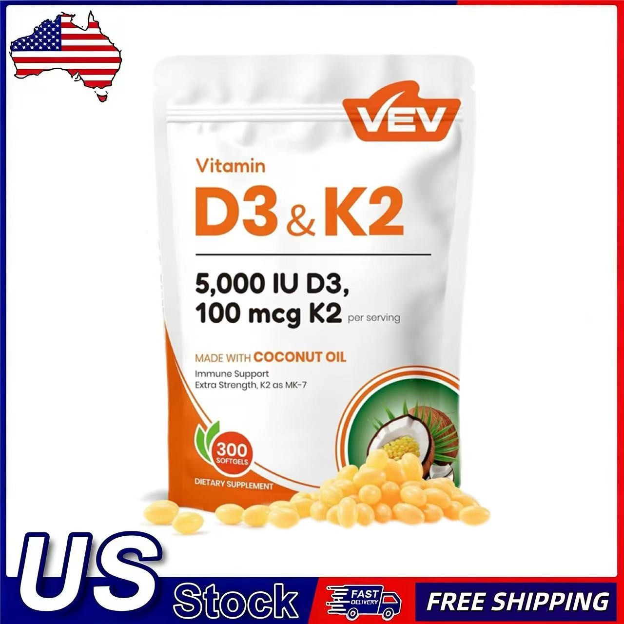 VEV Vitamin D3 K2 10000 IU Softgels 300 Count Including Virgin Coconut Oil 100mc
