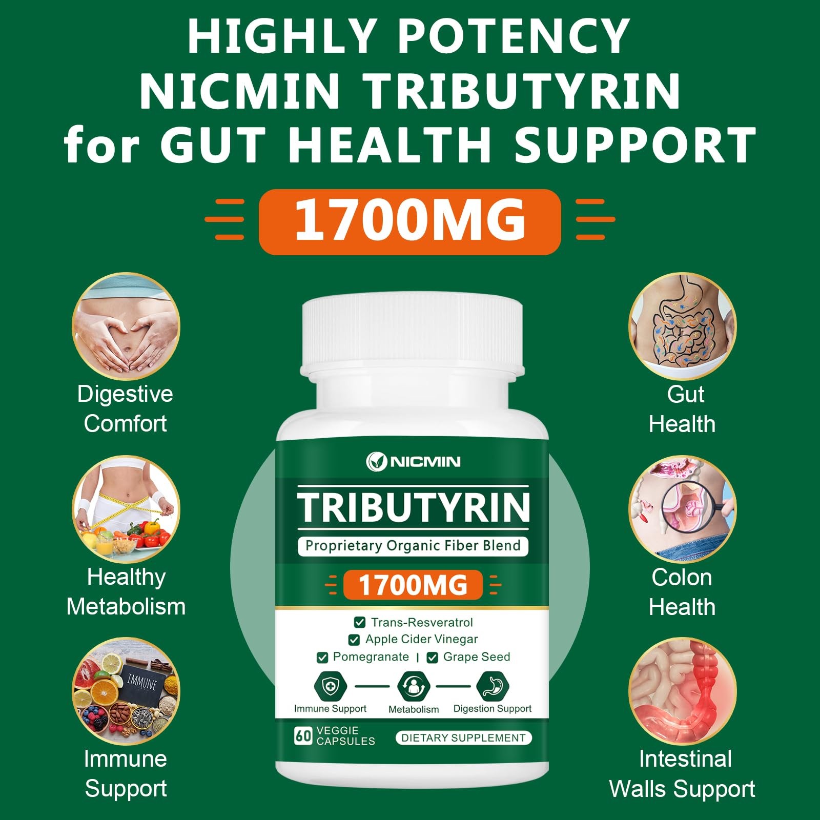 NICMIN Tributyrin Supplement – Premium Butyrate Gut 60 Count (Pack of 1)