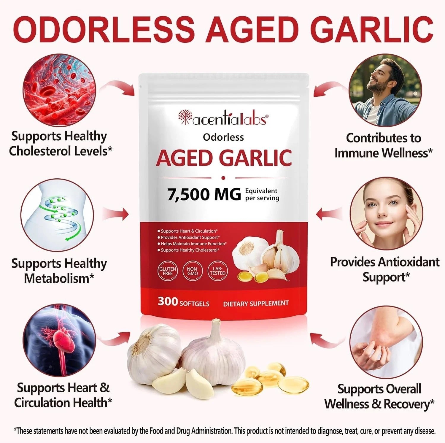 Odorless Garlic 7500Mg per Servings, 300 Softgels | 2 Years Aged Garlic Extra…