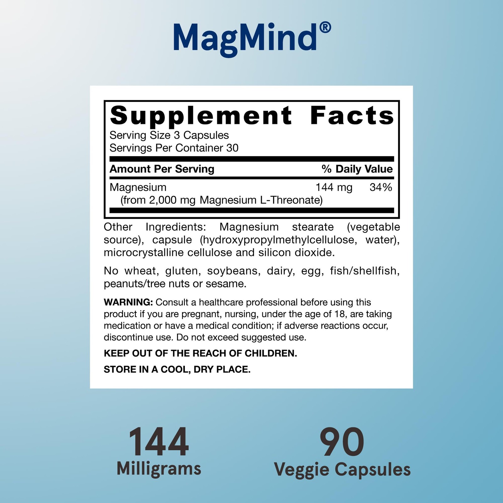 Jarrow Formulas Magnesium L-Threonate, MagMind 90 Count (Pack of 1), White