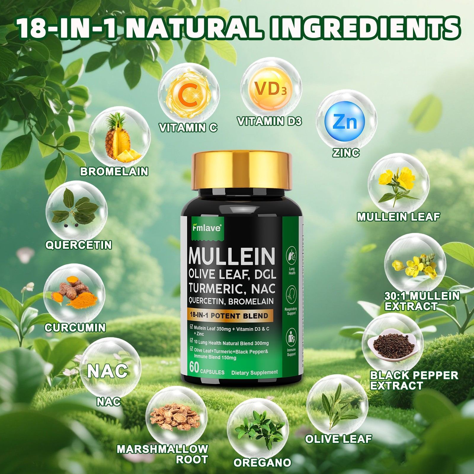 18-in-1 lung complex Mullein Extract Supplement Lung Detox & Cleanse Respiratory