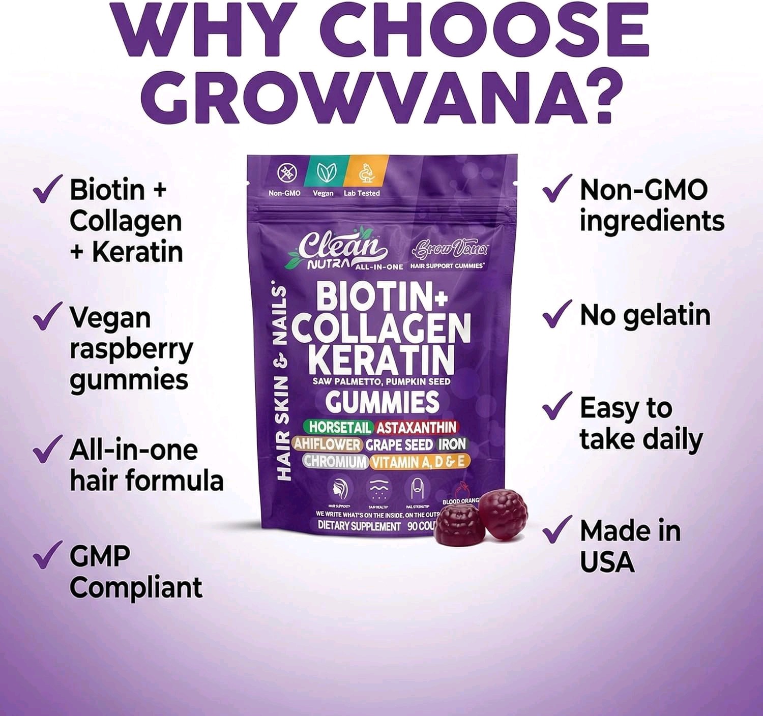 GrowVana Hair Growth Gummies Women Biotin Collagen Keratin Saw Palmetto 90ct