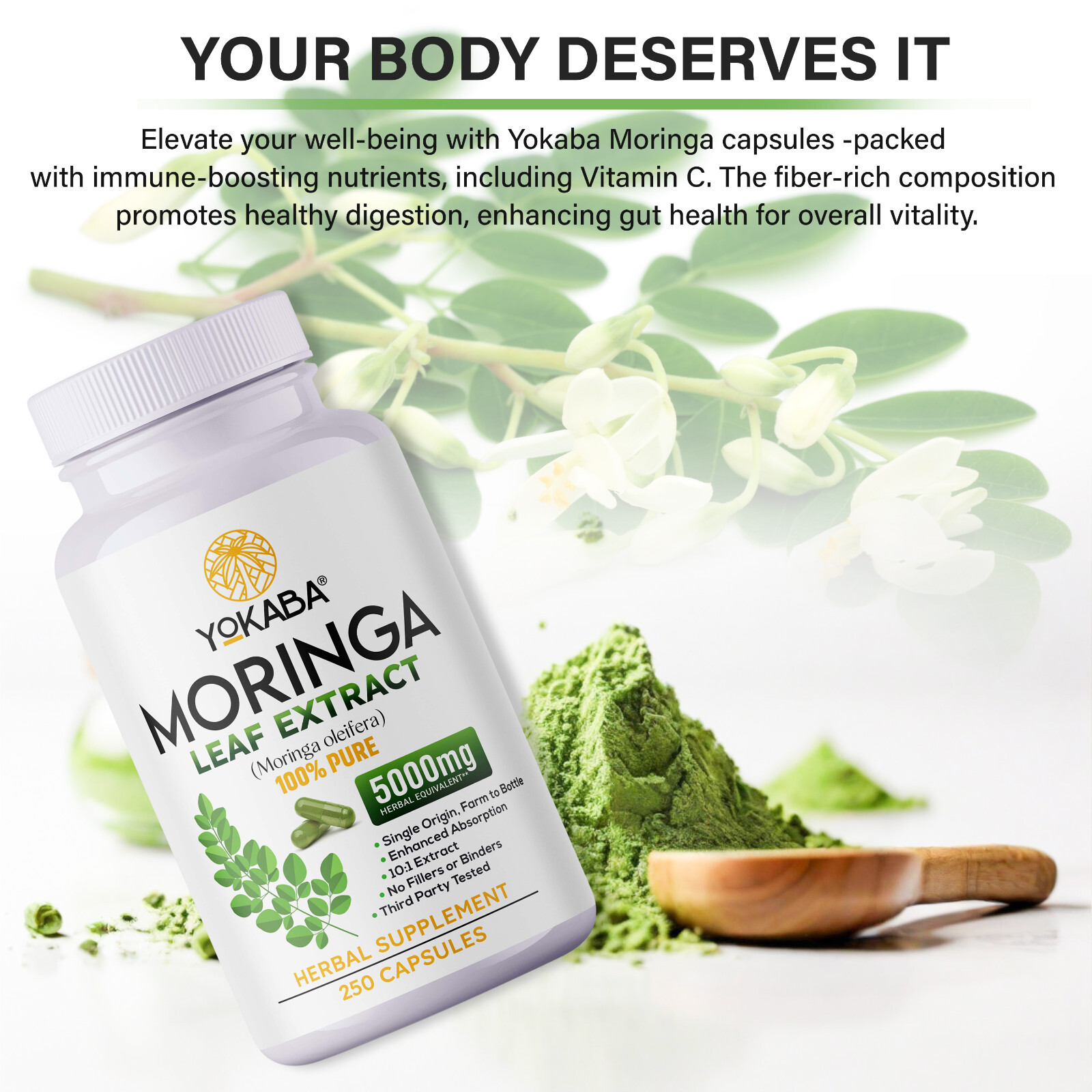 500 Capsules Moringa Oleifera Leaf Powder 5000mg – Organic Herbal Extract YOKABA