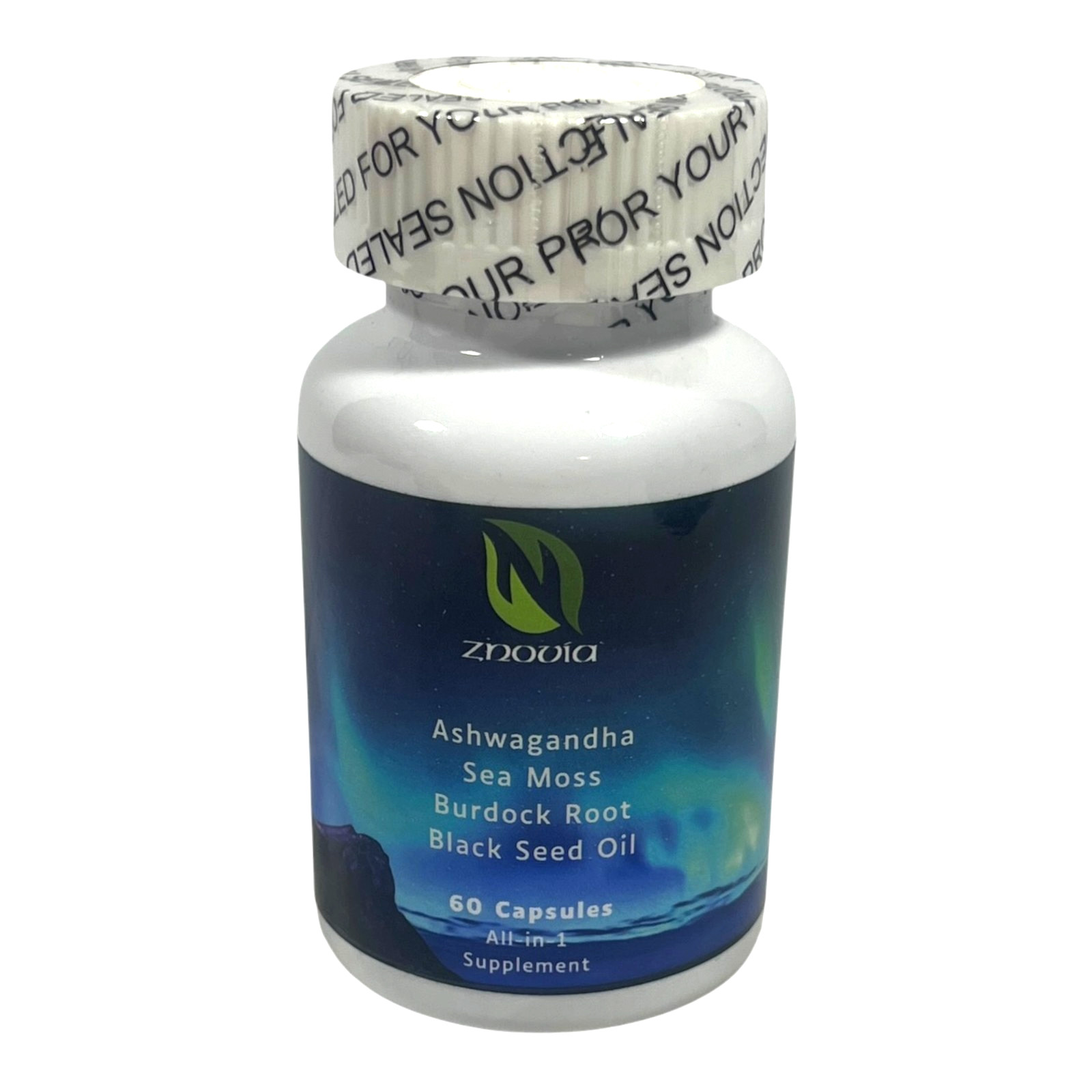Znovia All In One Supplement – 60 Capsules – Ashwagandha Sea Moss Burdock Root