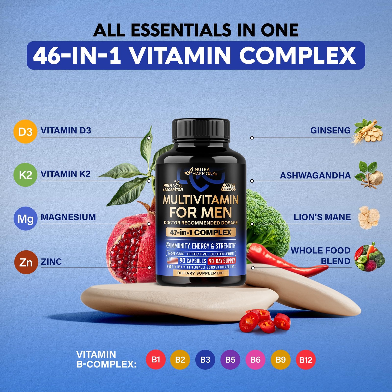 Multivitamin for Men – B-Complex | Whole Foods & Enzymes 90 Count (Pack of 1)
