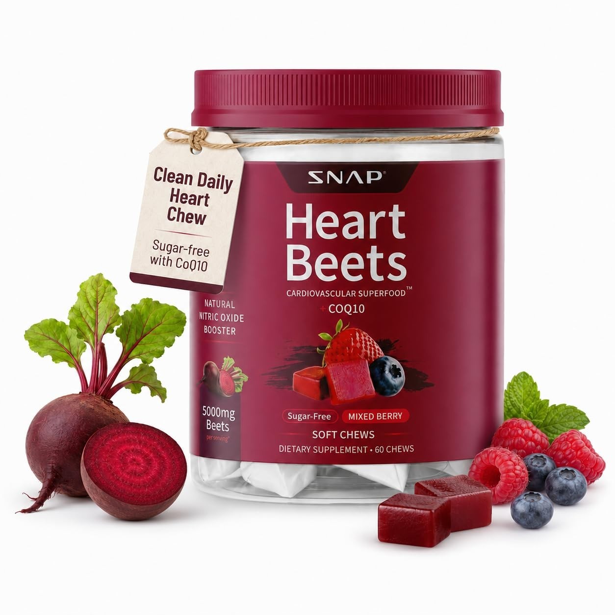 Beet Root Soft Chews for Adults 35+, Sugar Free Heart Health Support, Vegan, 60