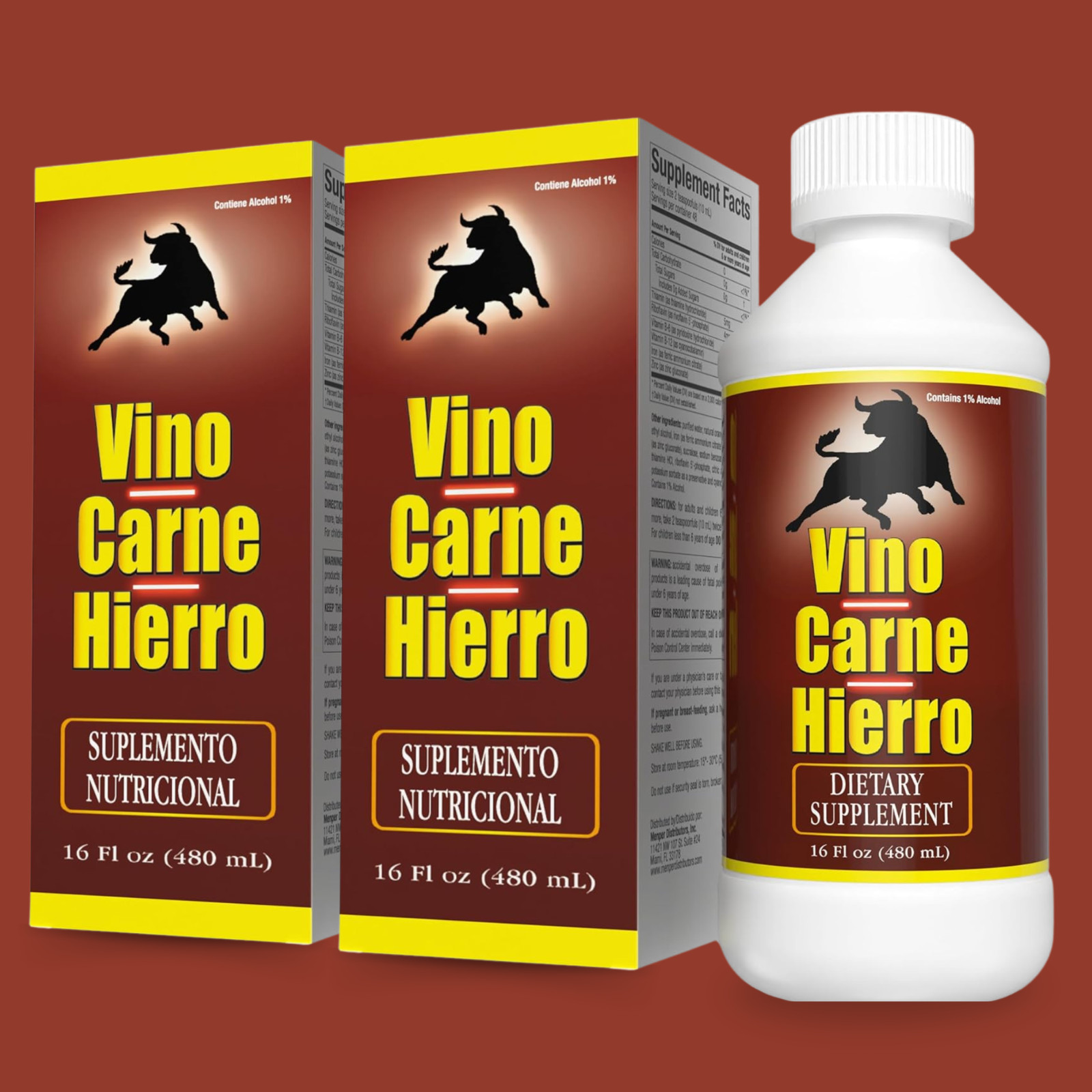 Menper Vino Carne Hierro Supplement with Iron & B Vitamins – 16 fl oz (2-Pack)