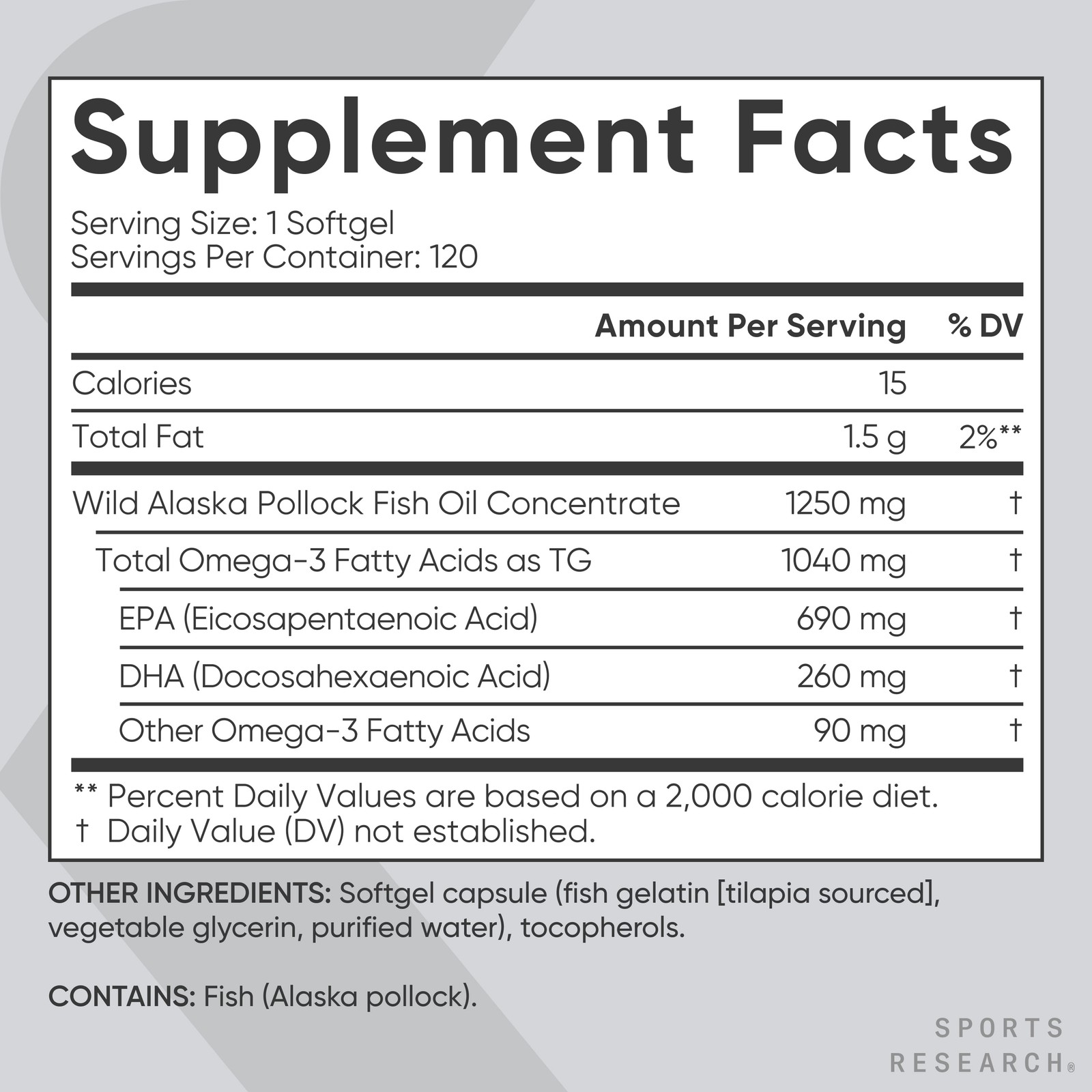 Sports Research Omega 3 Fish Oil Supplement, Triple Strength 1250mg Omega 3